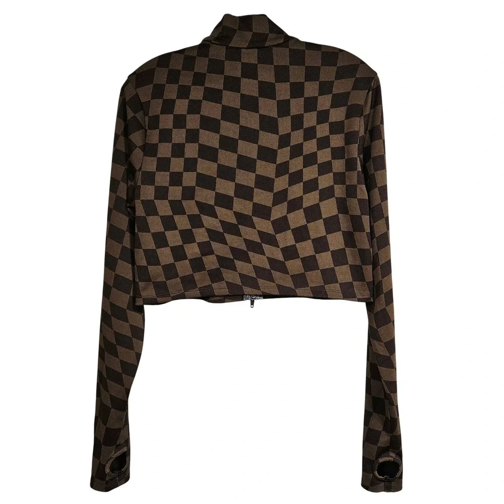 Brown Checkered 2-Way Zip Cropped Jacket XL Indie Y2K Streetwear Grunge Gorpcore